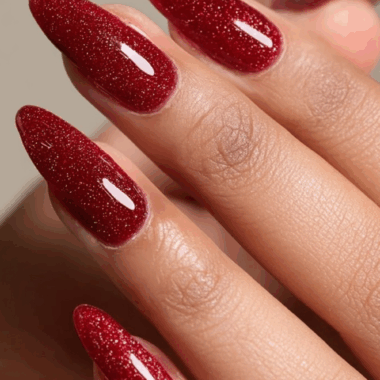 Festive Garnet Glitter Almond Nails