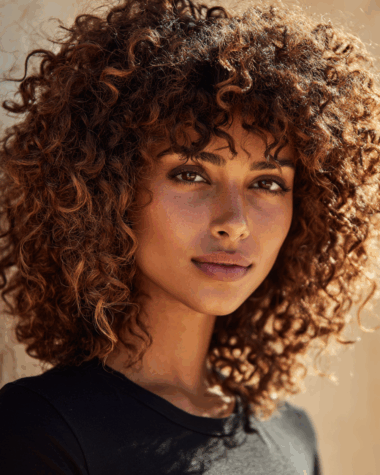 Layered Curly Bangs with Volume Crown