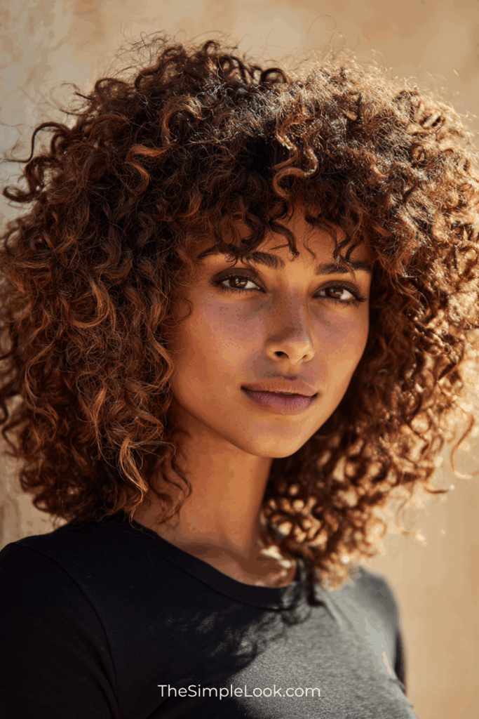 Layered Curly Bangs with Volume Crown