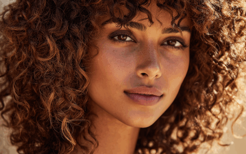 Layered Curly Bangs with Volume Crown