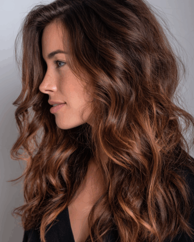 Dark hair with balayage highlights featuring caramel and honey tones for natural dimensional color
