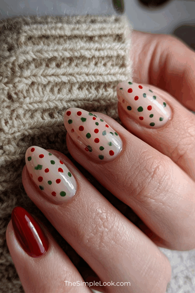 White Nails with Red and Green Dots