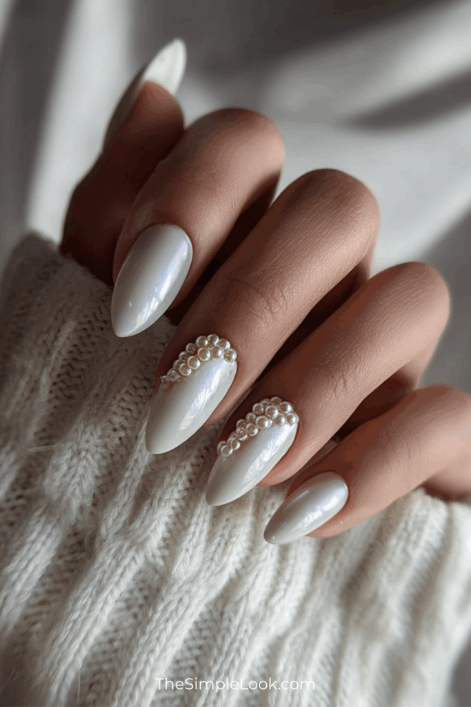 White Almond Nails with Pearl Details