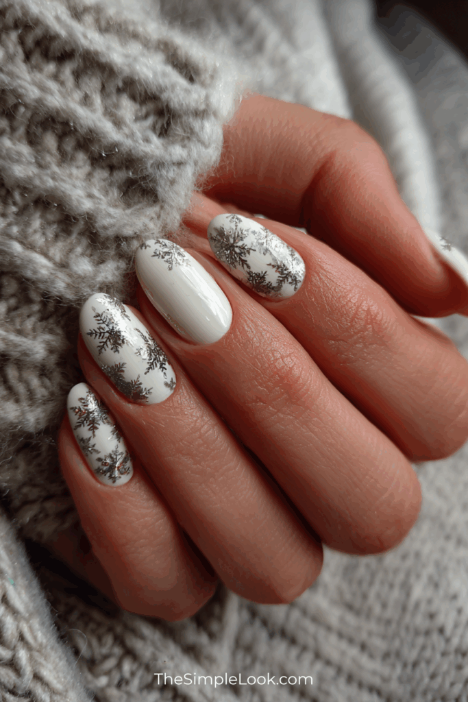 White Nails with Silver Snowflakes