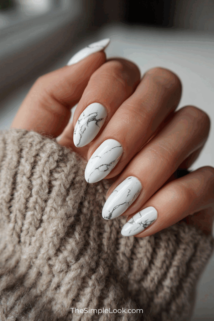 White Marble Nails with Silver Veins
