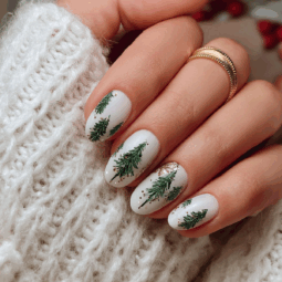 White Nails with Tiny Christmas Trees