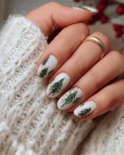 White Nails with Tiny Christmas Trees