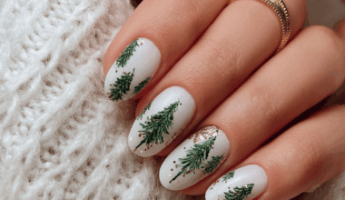 White Nails with Tiny Christmas Trees