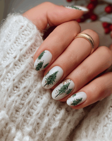 White Nails with Tiny Christmas Trees