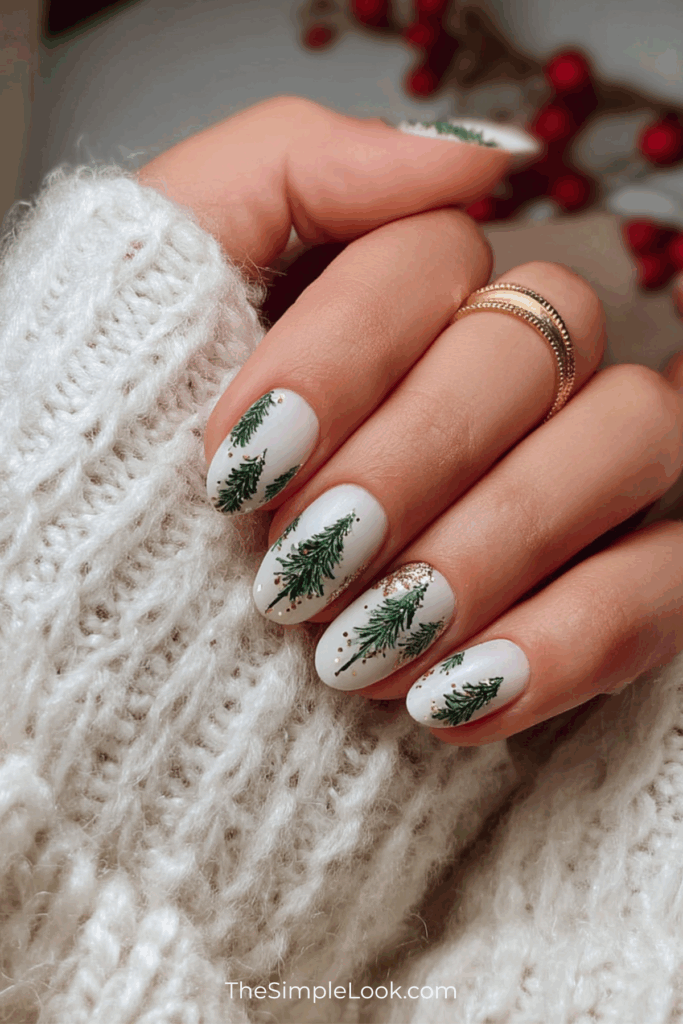 White Nails with Tiny Christmas Trees