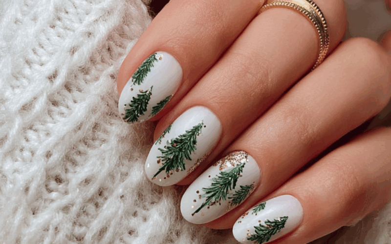 White Nails with Tiny Christmas Trees